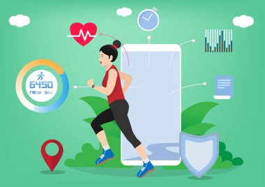 Jogging women can use the watch app to connect to Smartphones to track their health and fitness data. flat style cartoon vector illustration