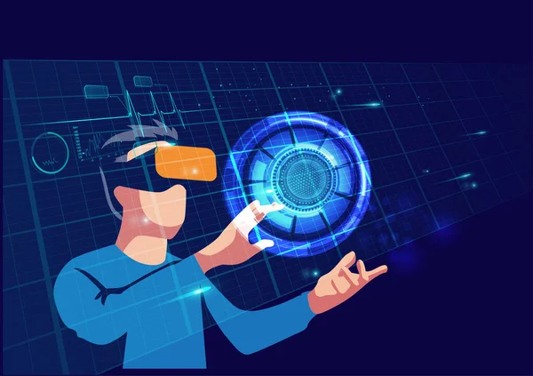Businessman wearing VR glasses with holographic finger touch Digital working background virtual panel