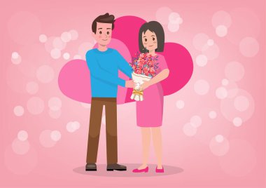 Young men and women couples give flowers as gifts for Valentine's Day, birthdays, family holidays, anniversaries, gifts for dates. Isolated vector illustration in flat style.