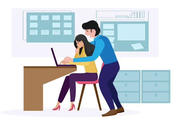 工作中的骚扰 一个老板在办公室里摸他的女雇员 不适当的同事行为 平面风格卡通画矢量 — 图库矢量图片