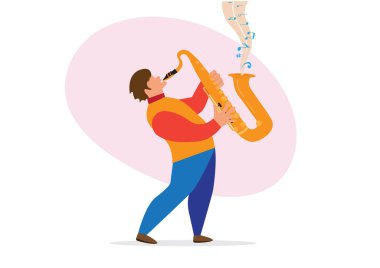 Concept of musician and playing saxophone. Male musician. Cartoon character standing and playing jazz melody saxophone. flat style vector illustration