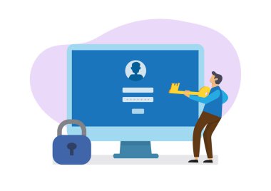 Man with keys near computer and login account and password male character design concept for business illustration vector flat style