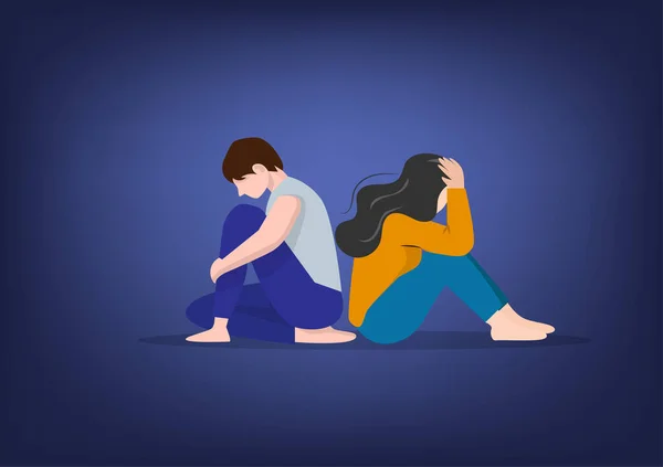 unhappy and sad young couple, man and woman in depression sitting and hugging knees, sorrow, mental health concept, cartoon male and female character flat vector illustration