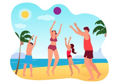 İki çocuklu mutlu bir aile, plaj voleybolunun tadını çıkarıyor. Yaz tatilinde deniz seyahatinde ve plajda deniz karikatürü düz vektör ilülasyonunda dinlenirken