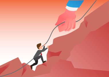  Dağın tepesindeki bir iş adamının büyük elleri bir meslektaşına ya da arkadaşına ipe tırmanması için yardım eder. Liderlik, takım çalışması. ve işbirliği hedeflere ve kariyer geliştirme fikirlerine düz stil illüstrasyonuna ulaşın