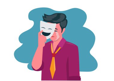 Gülümseyen bir maske takan ama kederle ağlayan gerçek yüzü saklayan yassı bir çizgi film çizimi.