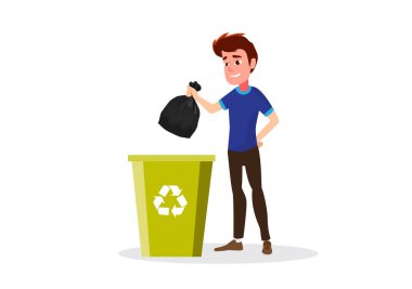 Beyaz arka planda siyah plastik torbalara çöp atan genç bir adam. Çöp öğütücü için siyah plastik torba çöplüğü Çöp torbası simgesi Geri dönüştürülmüş çöp torbası çizimi