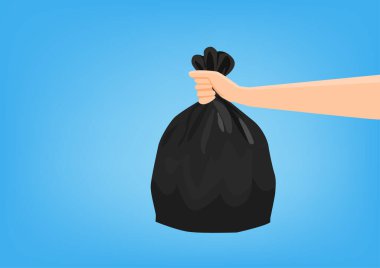 Çöpleri atmak için siyah plastik bir torba tutuyordu. mavi arkaplan, düz stil çizgi film çizim vektörü illüstrasyonu