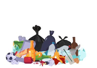 Birçok çöp torbası kaldırımda plastik atıklar, yiyecek artıkları, kırık şişeler, karton kutular, plastik torbalar ve plastik pipetler. düz biçim çizgi film çizim vektörü