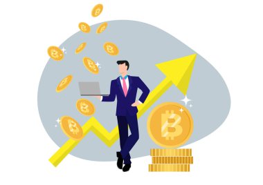 Genç işadamının bitcoin konsept vektör ilüstrasyonu. Bilgisayarı internet üzerinden para toplamak ve bitcoin ve engelleme zincirine yatırım yapmak için kullanıyor. Yeni teknolojinin basit tasarımı.