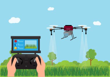 Çiftçiliğin geleceği: Çiftçi, yeşil çayırlarda gübre püskürtmek için dron kullanımını kontrol ediyor. Tarım teknolojisi yenilik kavramı Vektör illüstrasyonu