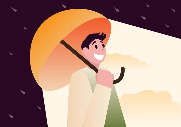 Erkek Karakter Sağanak Yağmurda Yürüyordu Ama Şemsiyesinin Içi Parlak Parlaktı — Stok Vektör