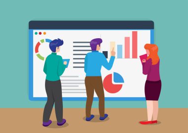 Takım konseptini öğretmek, planlama, pazarlama, müşterilere ulaşmak için hedef alma. düz çizgi film çizimi