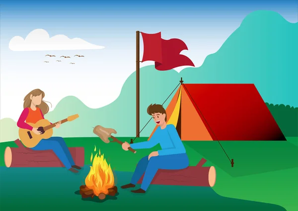 Unga Par Går Och Camping Sommaren Semester Vektor Illustration — Stock vektor