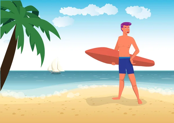 Genç Adam Hafta Sonu Deniz Kenarında Sörf Yapmaya Gitti — Stok Vektör