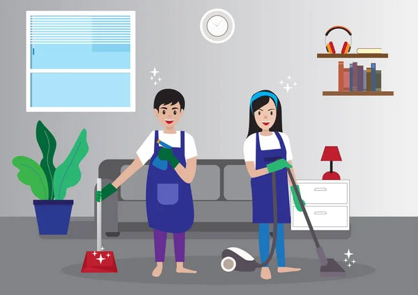 Happy Couple Woman Man Doing Housework Husband Wife Cleaning House — Image vectorielle