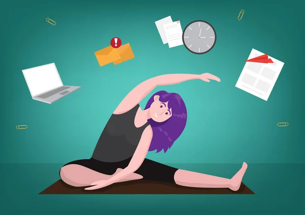 Chica Sentada Postura Yoga Meditando Asigna Tiempo Ejercicio Rutina Ilustración — Vector de stock