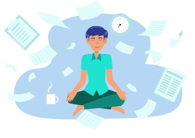 Ofiste yoga yapan bir adamın vektör düz simgesi. İş adamı meditasyon yaparken sakin ve sakin.