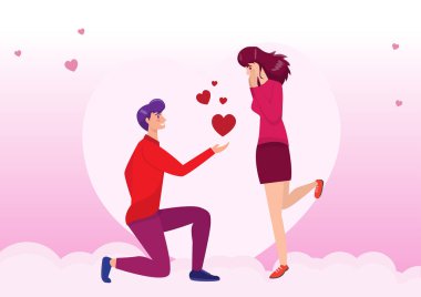 Ay 'ın arka planında, kalp şeklinde iki genç aşık. Bir erkek, büyük bir kalbe sahip bir kadının aşkını arar. vektör illüstrasyonu