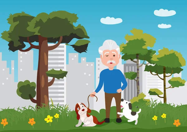 爷爷带着狗在公园里散步 又发现一只小狗紧紧抓住爷爷的腿 假装可爱 矢量说明 — 图库矢量图片