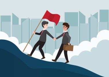 businessman helping colleague mountain climbing Business people characters shaking hands to go forward in career success Vector Illustration