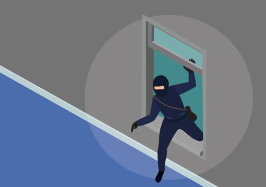 Hırsızlar çetesi. Siyah maske takan erkek karakter. Pencereyi evin içine tırmanıyor. vektör illüstrasyonu