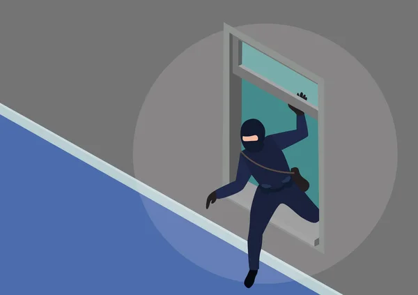 Une Bande Voleurs Personnage Masculin Portant Masque Noir Escaladant Fenêtre — Image vectorielle