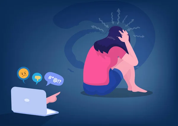 Bullying Cibernético Mulher Deprimida Sentada Chão Opinião Pressão Sociedade Que —  Vetores de Stock