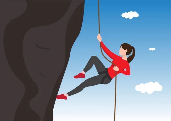 Girl Climbing Rocks Brave Woman Climb Mountain Using Rope Concept — Stock Vector