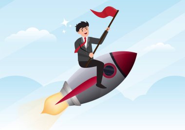 Successful businessmen fly with rockets and hold red flags. for trade opportunities business concept illustration