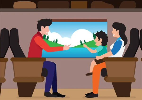 Vector Illustration Father Pointing Out Beautiful Scenery Son Looks Out — Vetor de Stock
