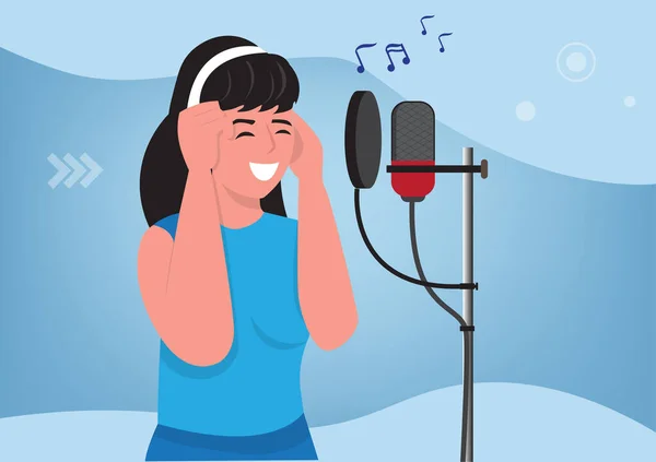 Girl Singing Microphone Record Song Sound Studio Radio Host Singer — Vector de stock