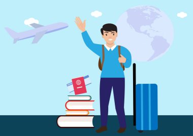 young boy waving goodbye to study abroad with luggage Passport symbol, ticket, book, plane, travel abroad flat style vector illustration