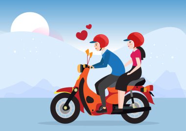 Happy man and woman riding a scooter. Vector cartoon illustration.
