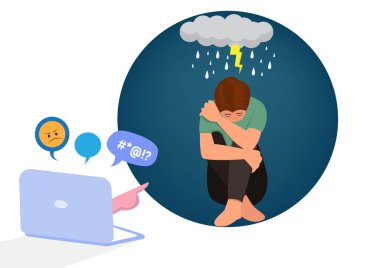 Siber zorbalık. Yerde oturan bunalımlı kadın. Fikir ve toplumun baskısı. Utanç verici. Vektör düzlüğü