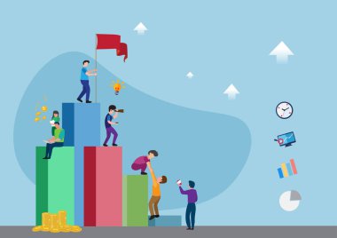 Çalışanlar el sıkışıyor ve bir meslektaşın üst kata çıkmasına yardım ediyor. Destek ekibimiz birlikte büyür. Takım çalışması vektör illüstrasyonu