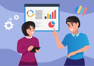 Operasyonların sonuçlarını öğreten kadın ve erkek vektör illüstrasyonu. çeşitli biçimlerdeki istatistiksel grafiklerden