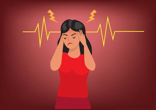 Ung Kvinna Upprörd Med Svår Huvudvärk Migrän Hälsoproblem Och Huvudvärk — Stock vektor