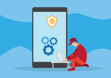 Güvenlik - İnsanlar bilgisayar verilerini korur. Koruma kavramı ağ güvenliği veritabanı güvenlik düz konsept vektör çizimi