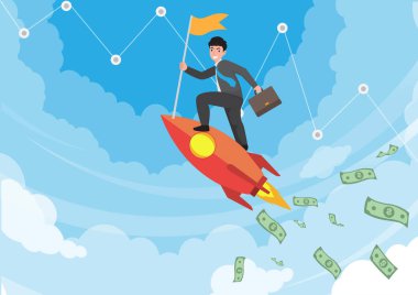 İnsanların roketlerle tüm yarışmacıların önünde uçtuğunu düşünün. Renkli düz vektör çizimi