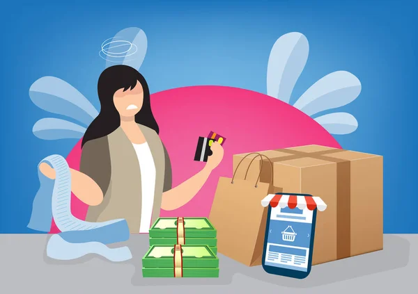 Genç Kadın Çok Sayıda Sipariş Yüzünden Çevrimiçi Alışverişe Şaşırdı Vektör — Stok Vektör