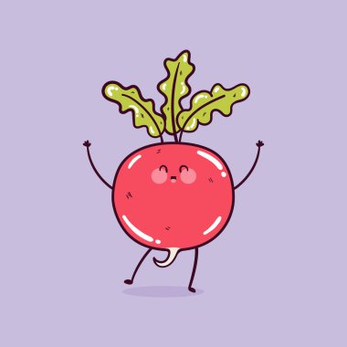 Gülümseyen komik kawaii turpu. Şirin turp maskotu karakteri.