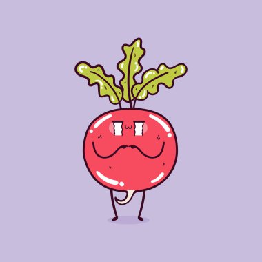 Ağlayan sevimli, komik kawaii turpu. Şirin turp maskotu karakteri.