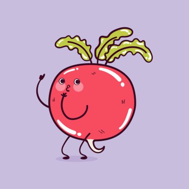 Gülümseyen komik kawaii turpu. Şirin turp maskotu karakteri.