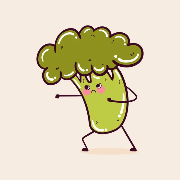 Angry Face Funny Kawaii Broccoli Cute Broccoli Mascot Character — Stock Vector