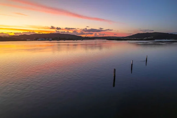 Paysage Aquatique Lever Soleil Aérien Avec Nuages Reflets Woy Woy — Photo