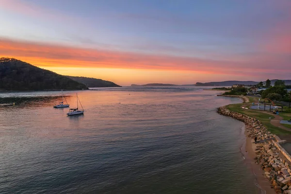 Aerial Sunrise Ettalong Beach Sulla Costa Centrale Nsw Australia — Foto Stock