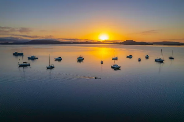 Soft Aerial Sunrise Boats Reflections Koolewong Waterfront Central Coast Nsw — Fotografia de Stock