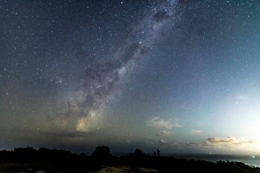 Gecenin karanlığında Samanyolu 'nda yıldızlar Box Head, Killcare, NSW, Avustralya' da.
