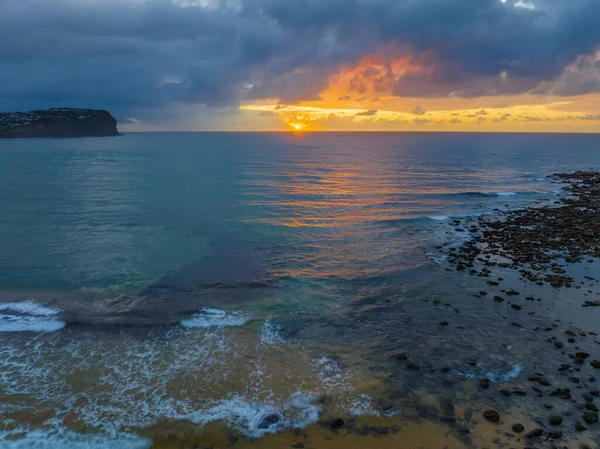 Aerial Sunrise Rain Clouds Small Waves Macmasters Beach Central Coast — Stock Photo, Image